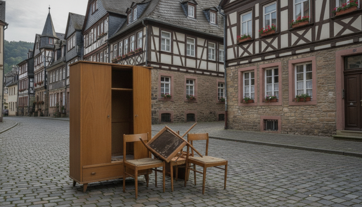 Sperrmuell vor historischen Stadthaeusern am fruehen Morgen
