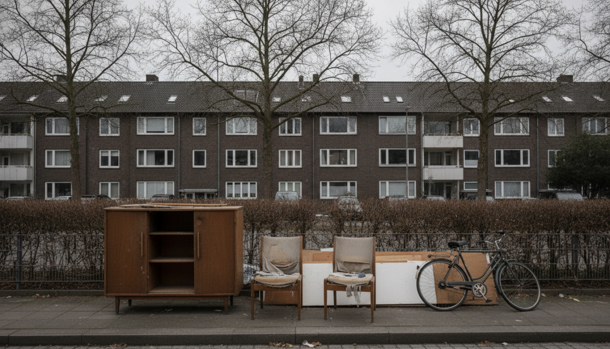 Sperrmuell vor Wohnhaeusern an einem kalten Wintertag