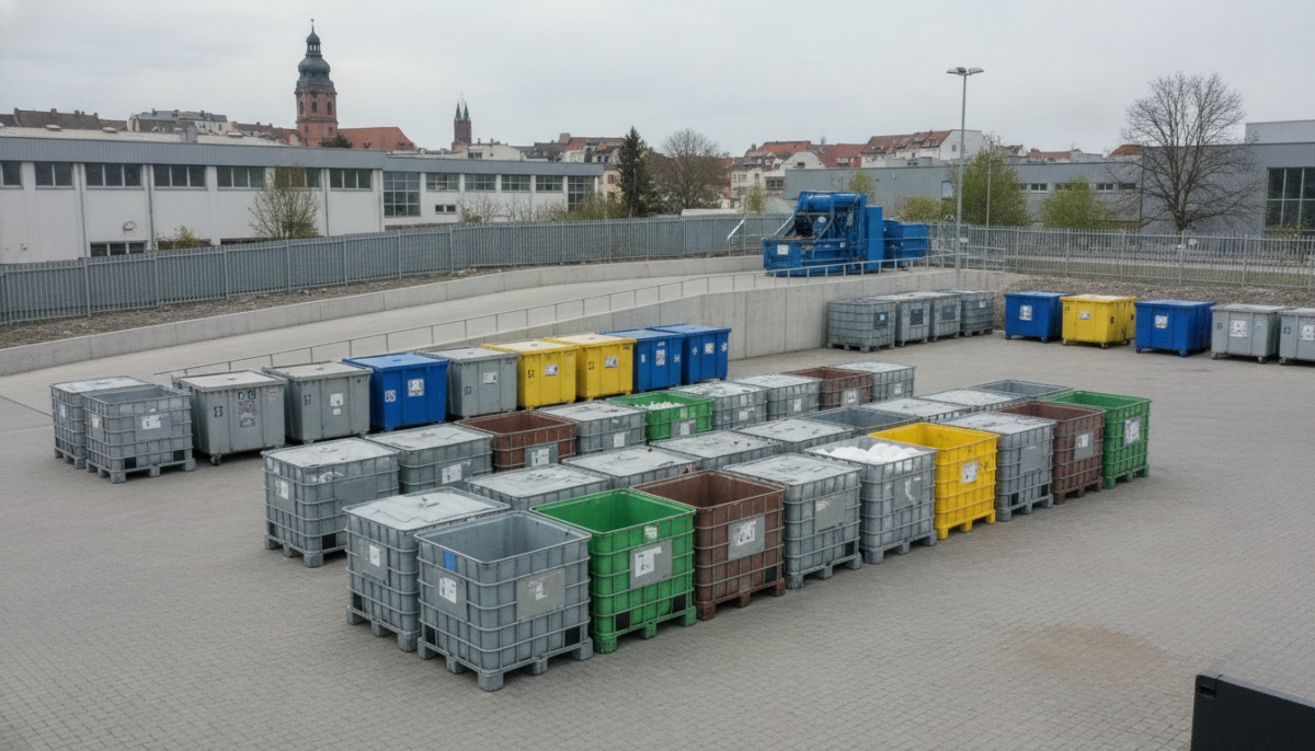 Staedtischer Wertstoffhof mit Sammelcontainern und Rampe