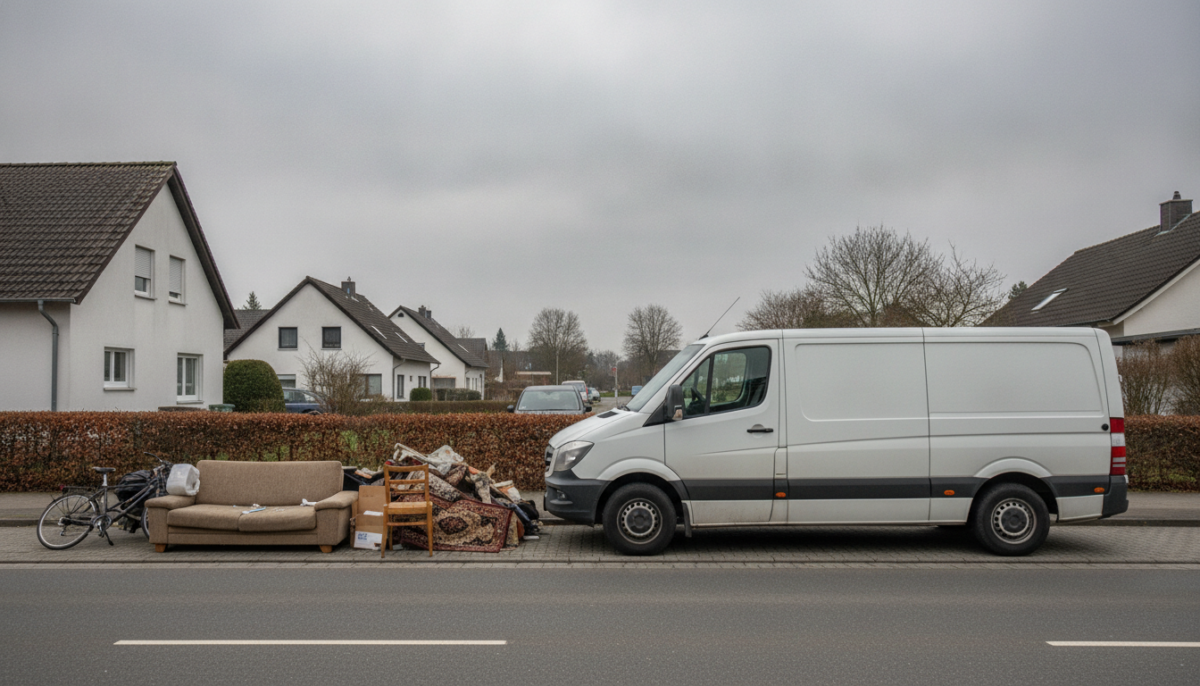 Unbeschrifteter Transporter neben bereitgestelltem Sperrmuell am Strassenrand