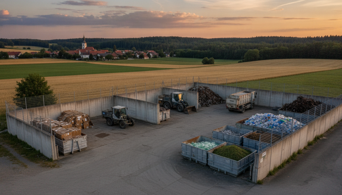 Wertstoffhof am Ortsrand mit Feldern im Hintergrund