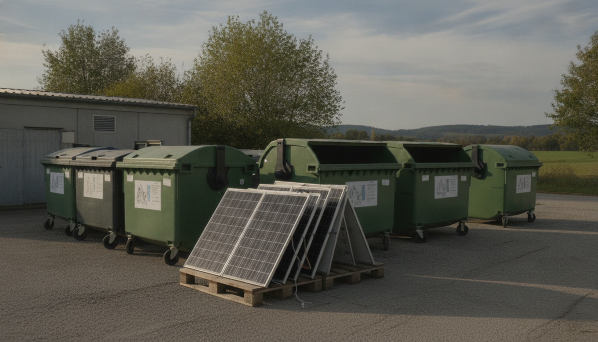 Wertstoffhof mit Sammelcontainern und abgebauten Solarmodulen