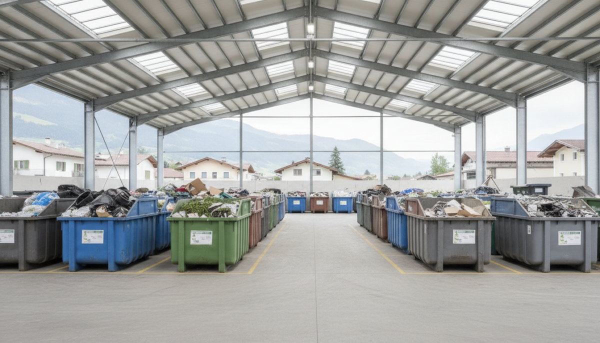 Wertstoffhof in einer ueberdachten Halle mit Containern