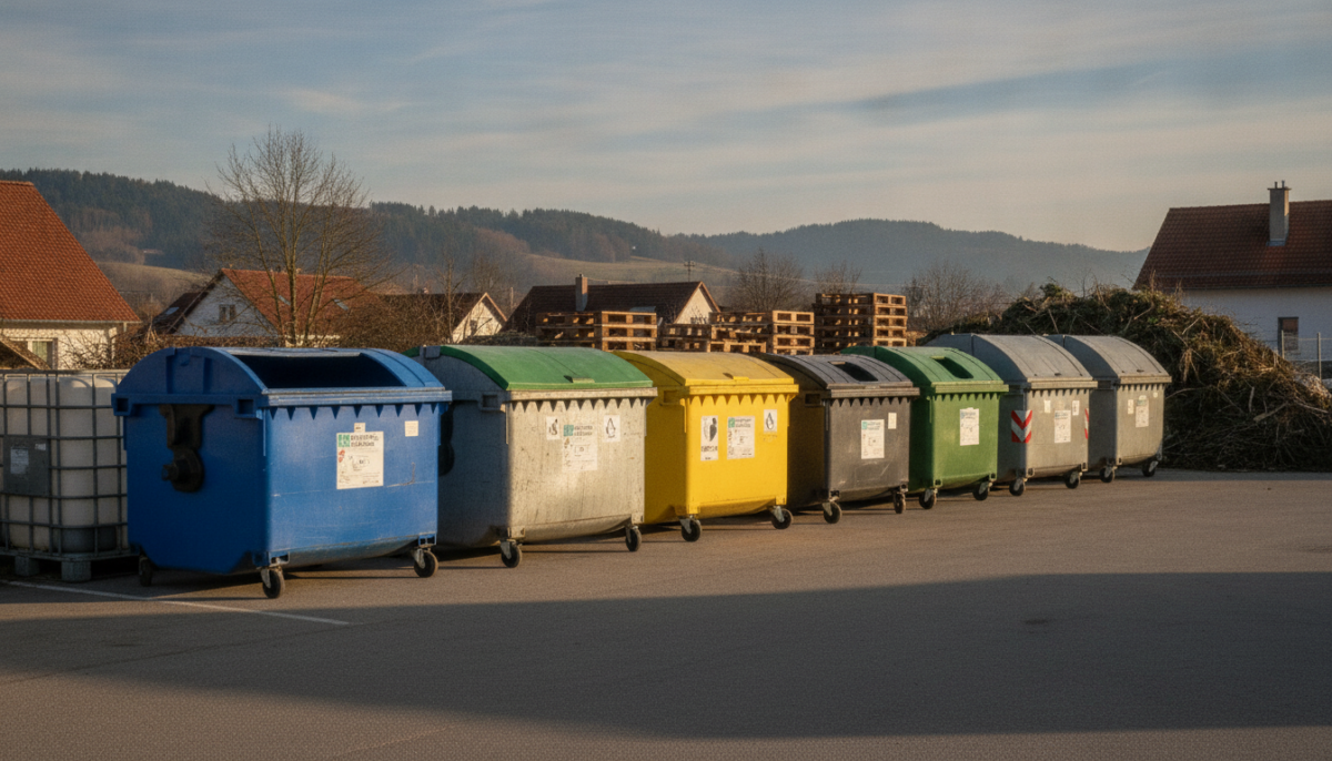 Wertstoffhof mit Sammelcontainern am spaeten Nachmittag