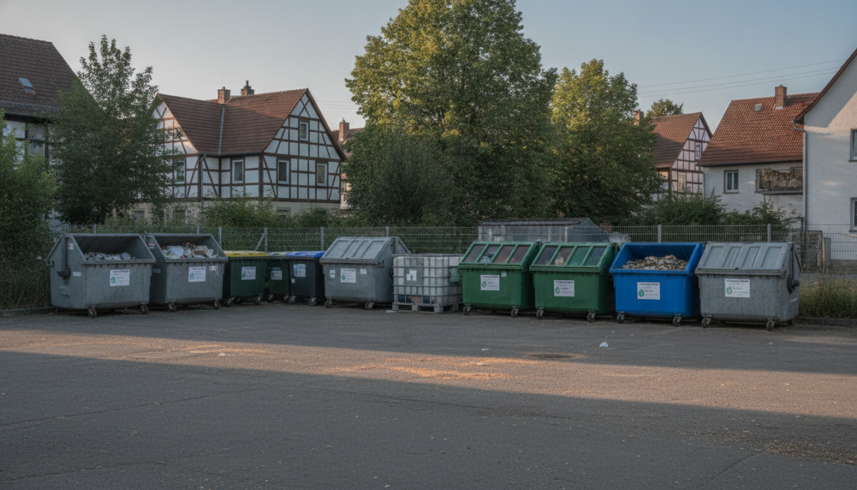 Wertstoffhof mit Sammelcontainern am spaeten Nachmittag