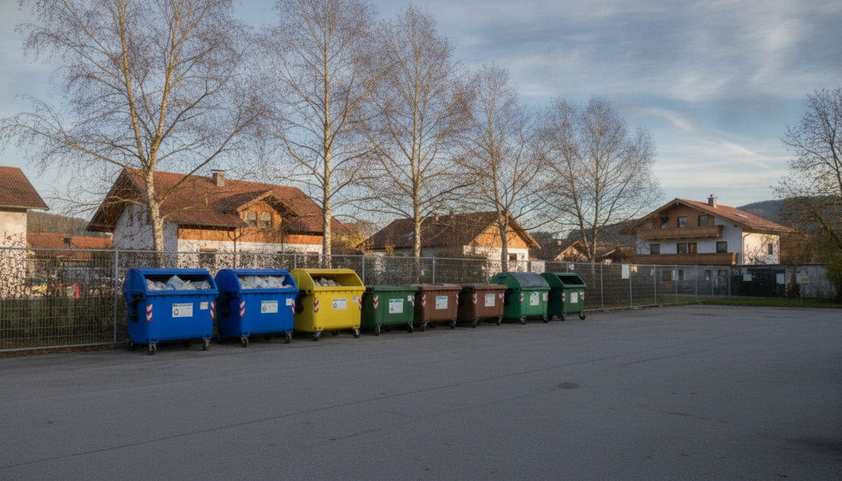 Wertstoffhof mit Sammelcontainern im Herbstlicht