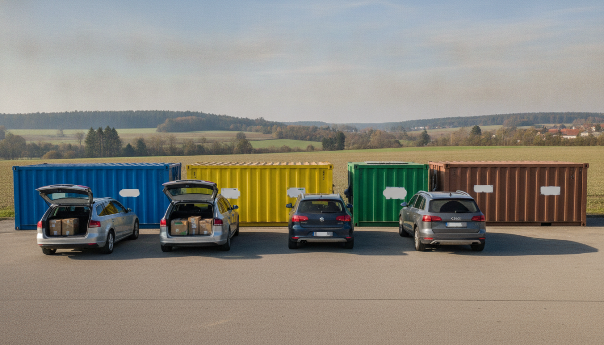 Wertstoffhof mit Sammelcontainern und anliefernden Autos
