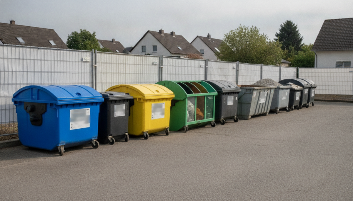 Wertstoffhof mit Sammelcontainern und Bauzaun