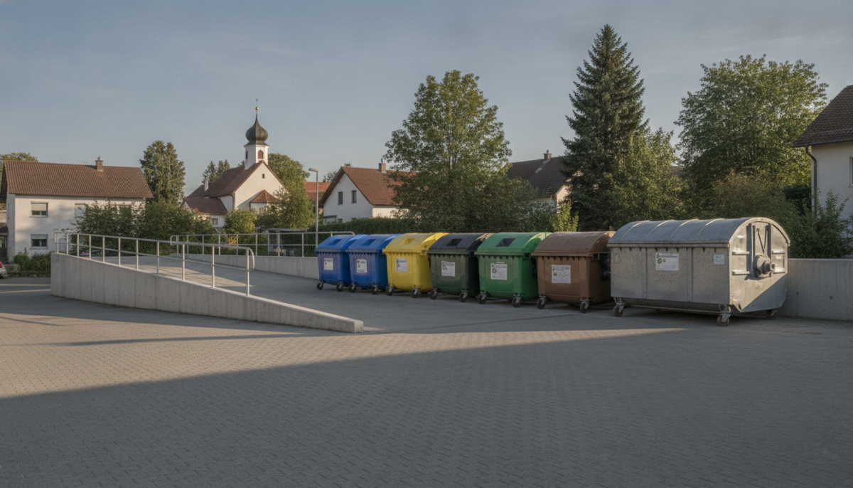 Wertstoffhof mit Sammelcontainern und Rampe