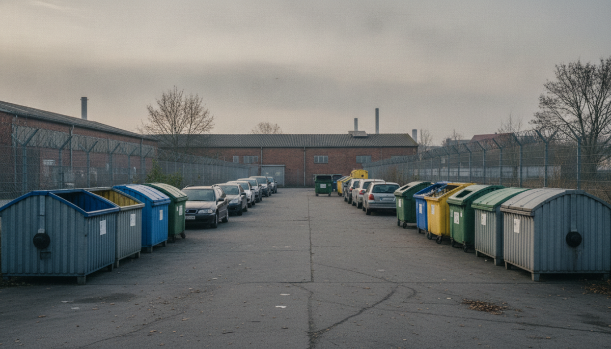 Wertstoffhof mit Containern und wartenden Autos am Morgen