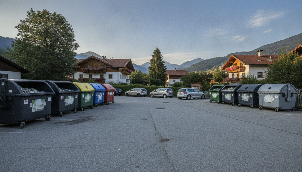 Wertstoffhof mit Sammelcontainern und wartenden Autos