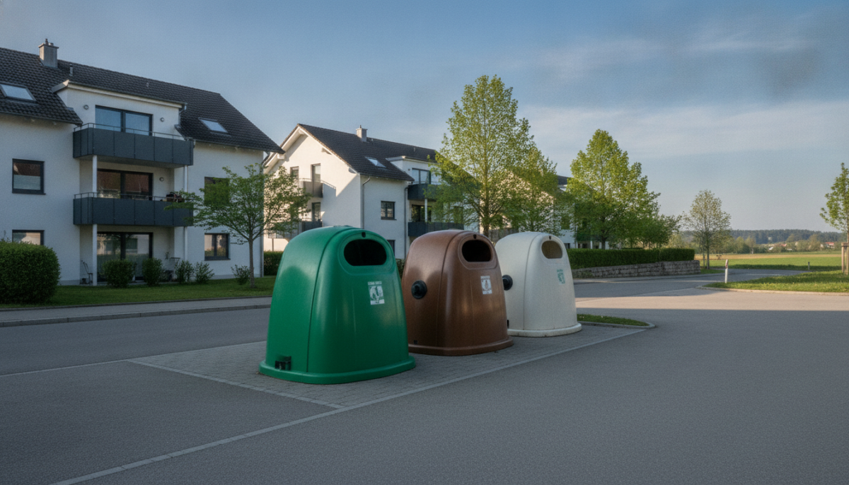 Wertstoffinsel mit Glascontainern am Rand einer Wohnsiedlung
