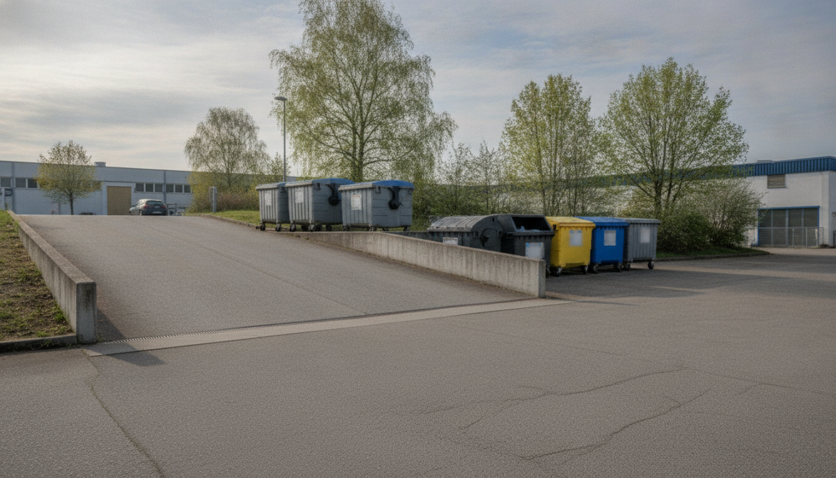 Wertstoffzentrum mit Rampe und Sammelcontainern