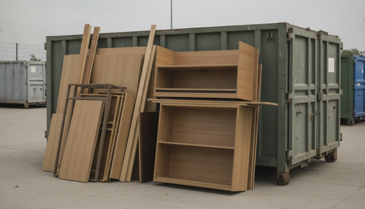 Zerlegte Moebelteile vor einem Sammelcontainer