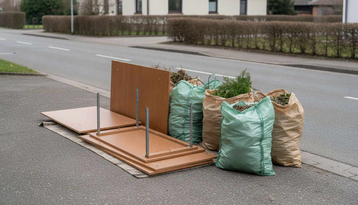 Zerlegter Sperrmuell und Gartensaecke zur Abholung bereitgestellt