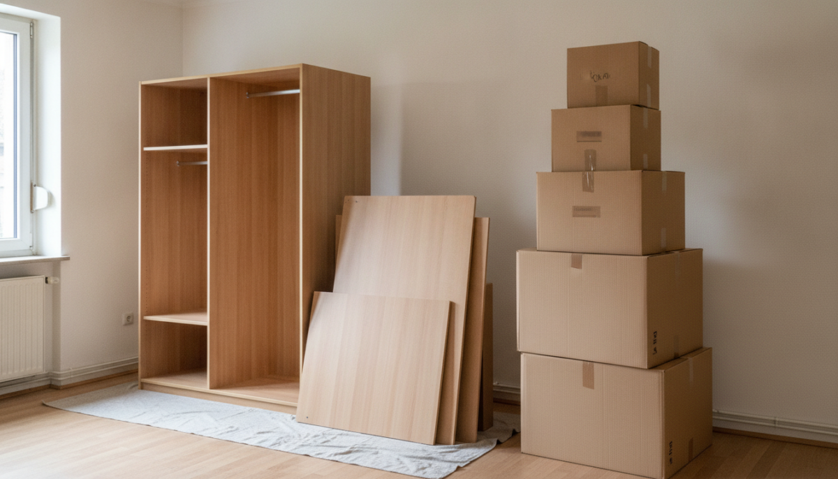 Zerlegter Schrank und gestapelte Umzugskisten in einem leeren Zimmer