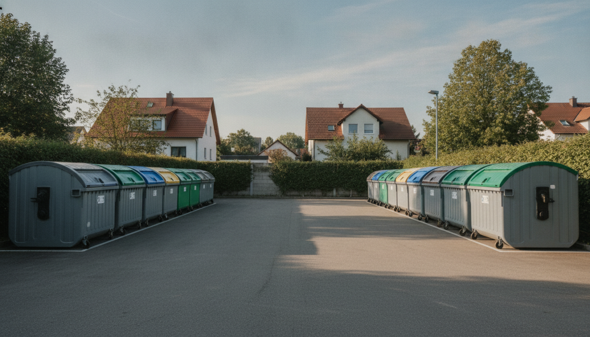 Zwei Reihen Sammelcontainer auf einem kommunalen Wertstoffhof