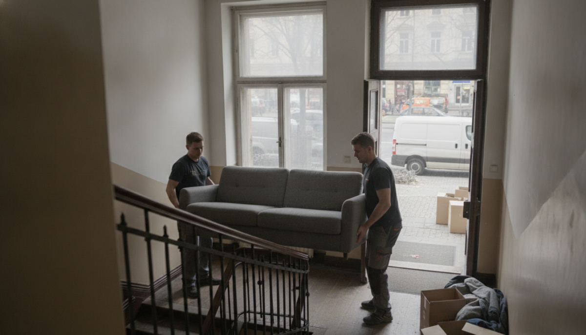 Zwei Traeger bringen ein Sofa aus einem Treppenhaus zur Strasse