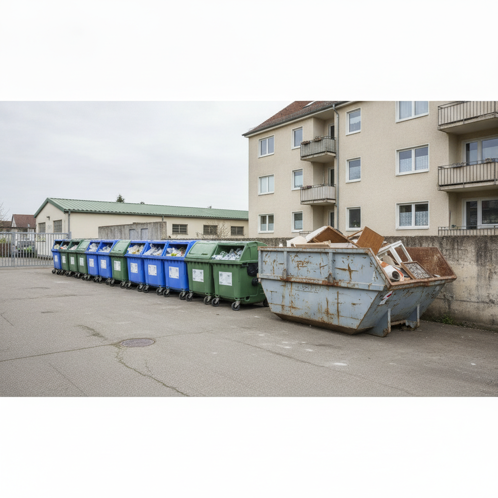 Sammelcontainer auf einem Recyclinghof und ein Absetzcontainer vor einem Wohnhaus
